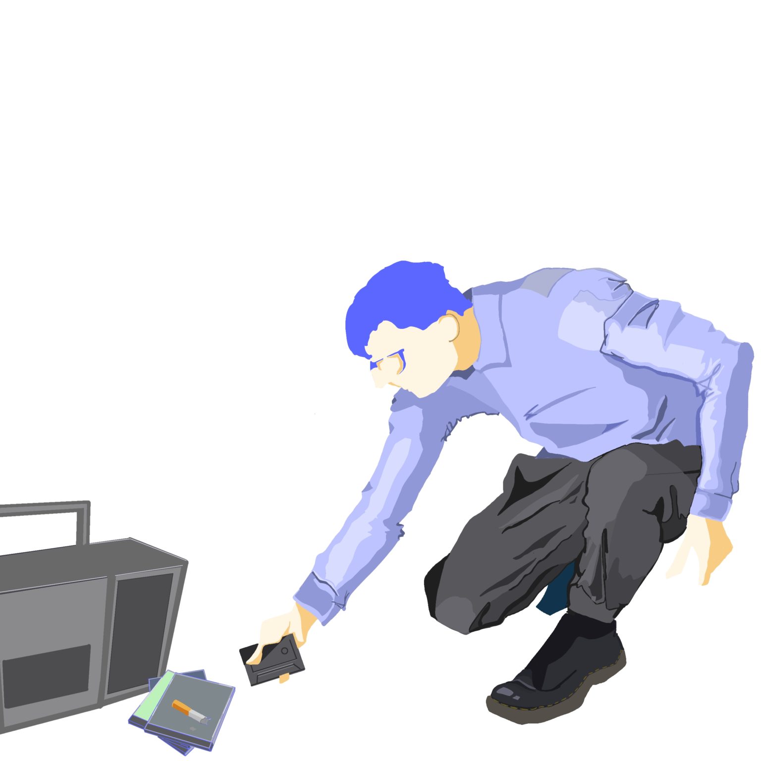 Drawing of Mark discovering mix tape by boombox